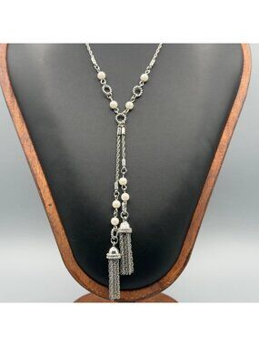 Talbots Faux Pearl Silver Tone Tassel Beaded Necklace Long Classic